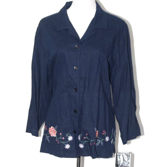 NWT Linen-Rayon Blouse Embroidered Navy Blue Sag Harbor 18W Plus Size Top Floral - Picture 1 of 8